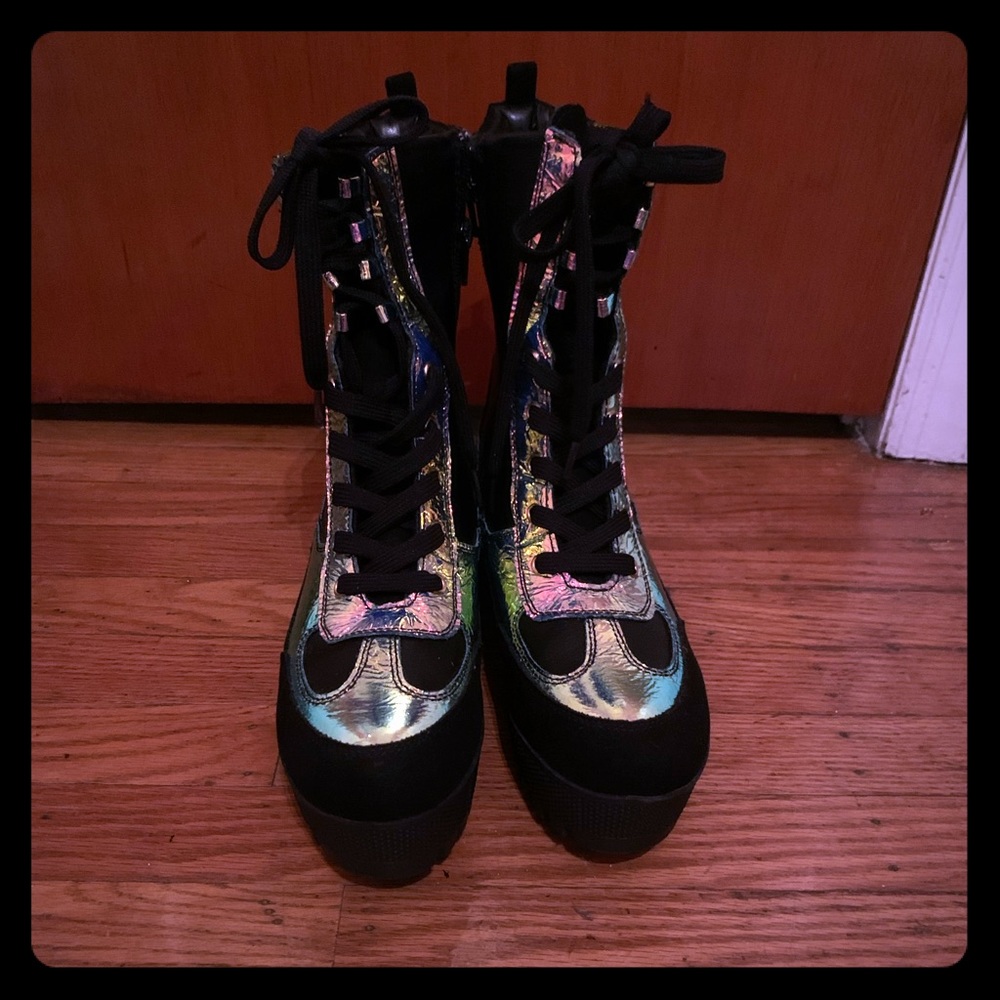 Goldish iridescent black combat boots